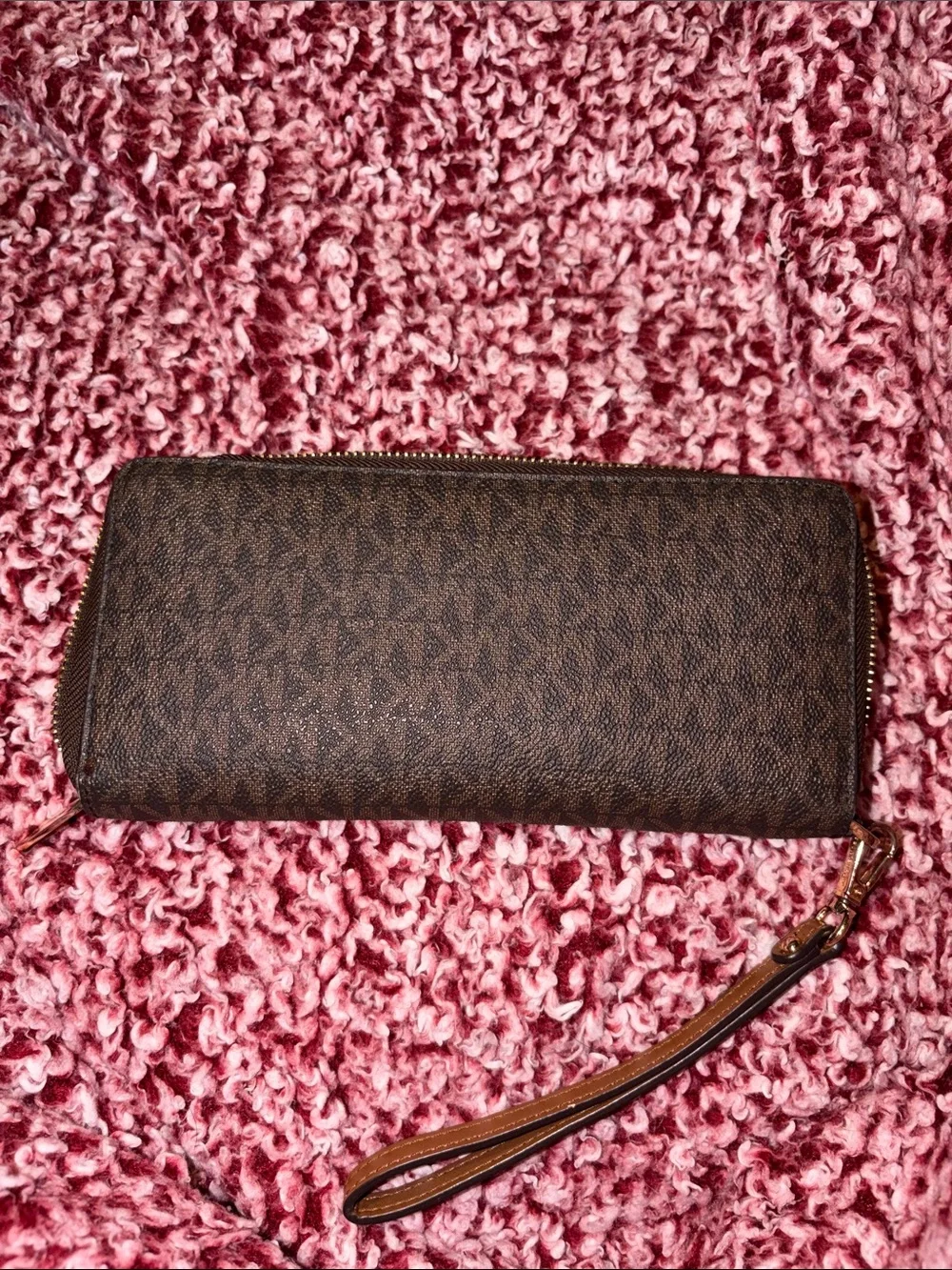 Michael Kors Brown Logo Zip Wristlet with Gold Hardware